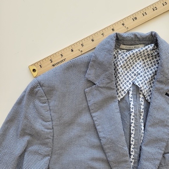 Zara Man | Houndstooth Pattern Two-Button Casual Blazer Navy Blue White Size 38 - Picture 5 of 14